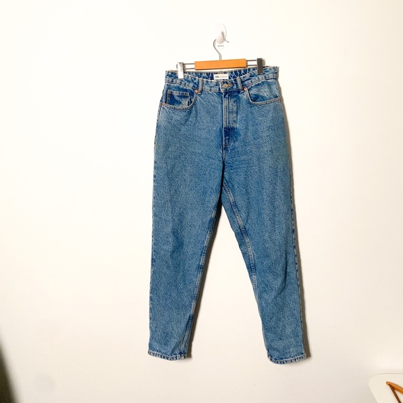Zara Distressed Cotton Straight Leg High Rise Mom Jeans